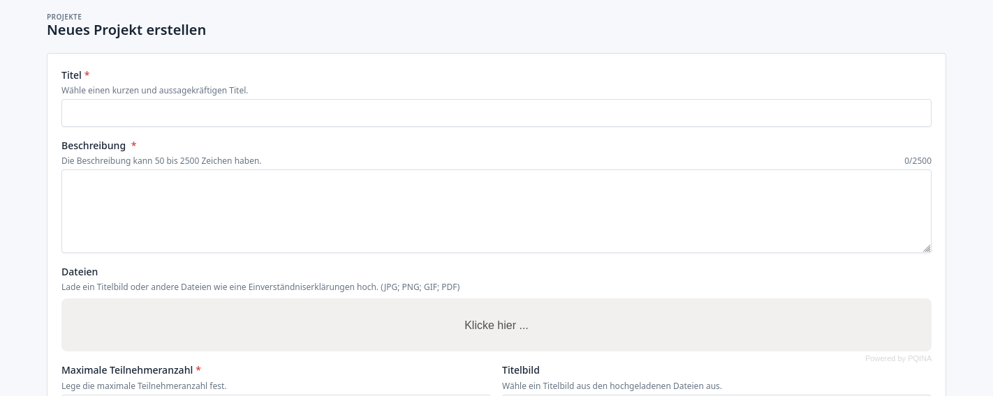 Ausschnitt des Formulars um ein neues Projekt anzulegen.