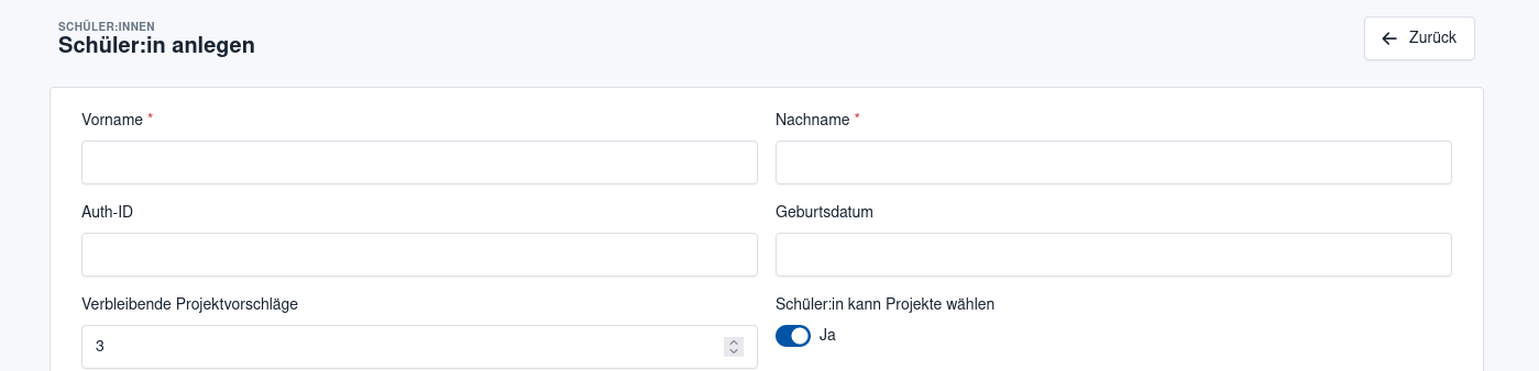 Ausschnitt des Formulars um eine:n neue:n Schüler:in anzulegen.