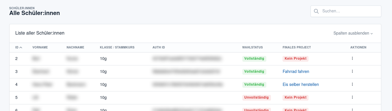 Beispielfoto der Übersicht aller Schüler:innen in der Tabellen-Ansicht