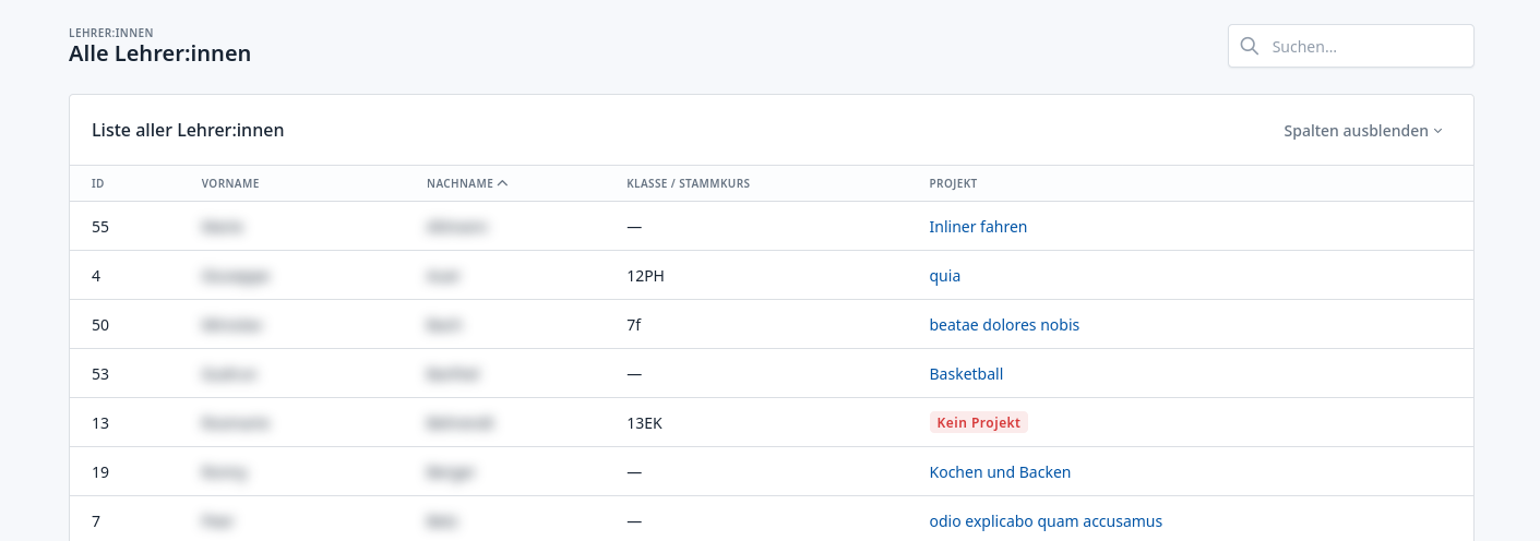 Beispielfoto der Übersicht aller Lehrer:innen in der Tabellen-Ansicht